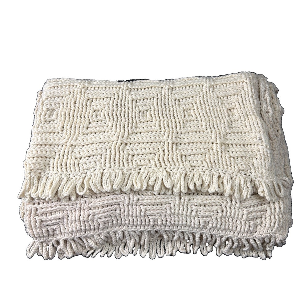 VTG Ivory Handmade Crochet Afghan Throw Blanket Fringe 42" 60"EXCELLENT